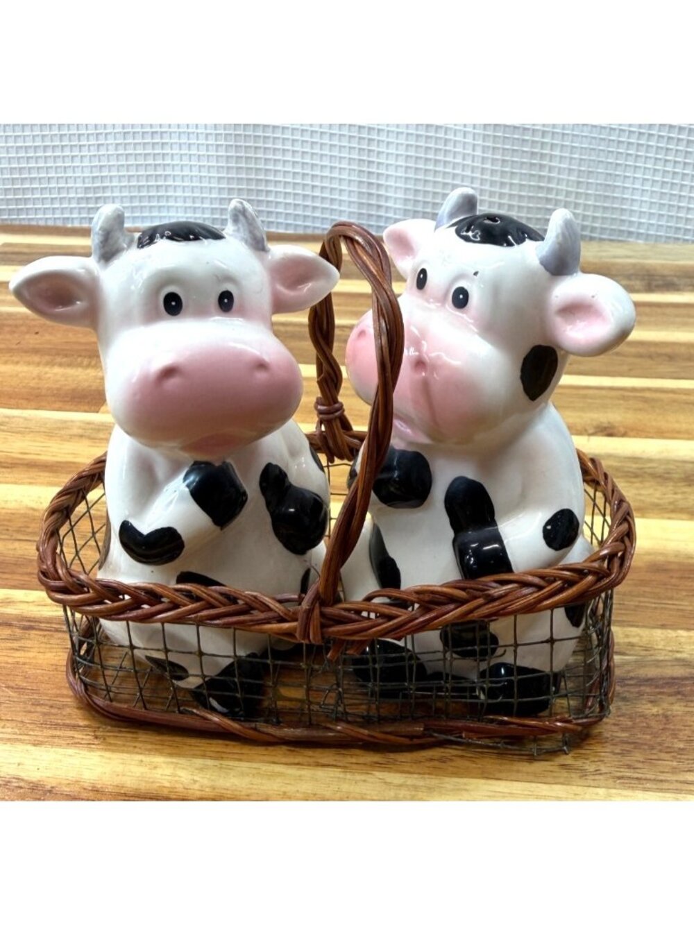 Vintage Ceramic sitting Holstein Cow Salt and Pepper Shakers Set